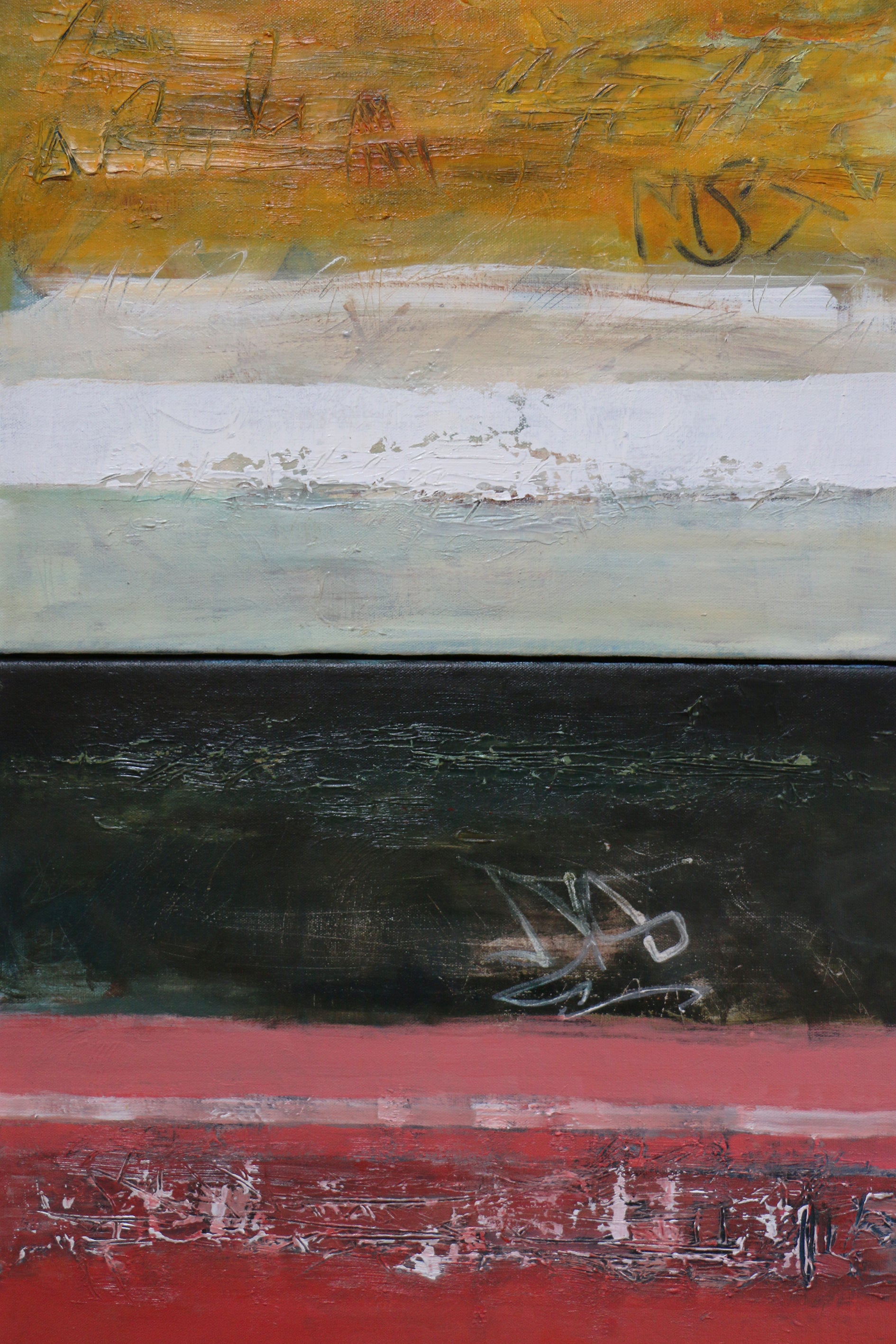 A painting on two canvasses, featuring a series of horizontal stripes of colour. From top to bottom they are yellow, white, light blue, black and pink. Each stripe has scratches in the surface and there is two pieces of tag style graffitti as well.