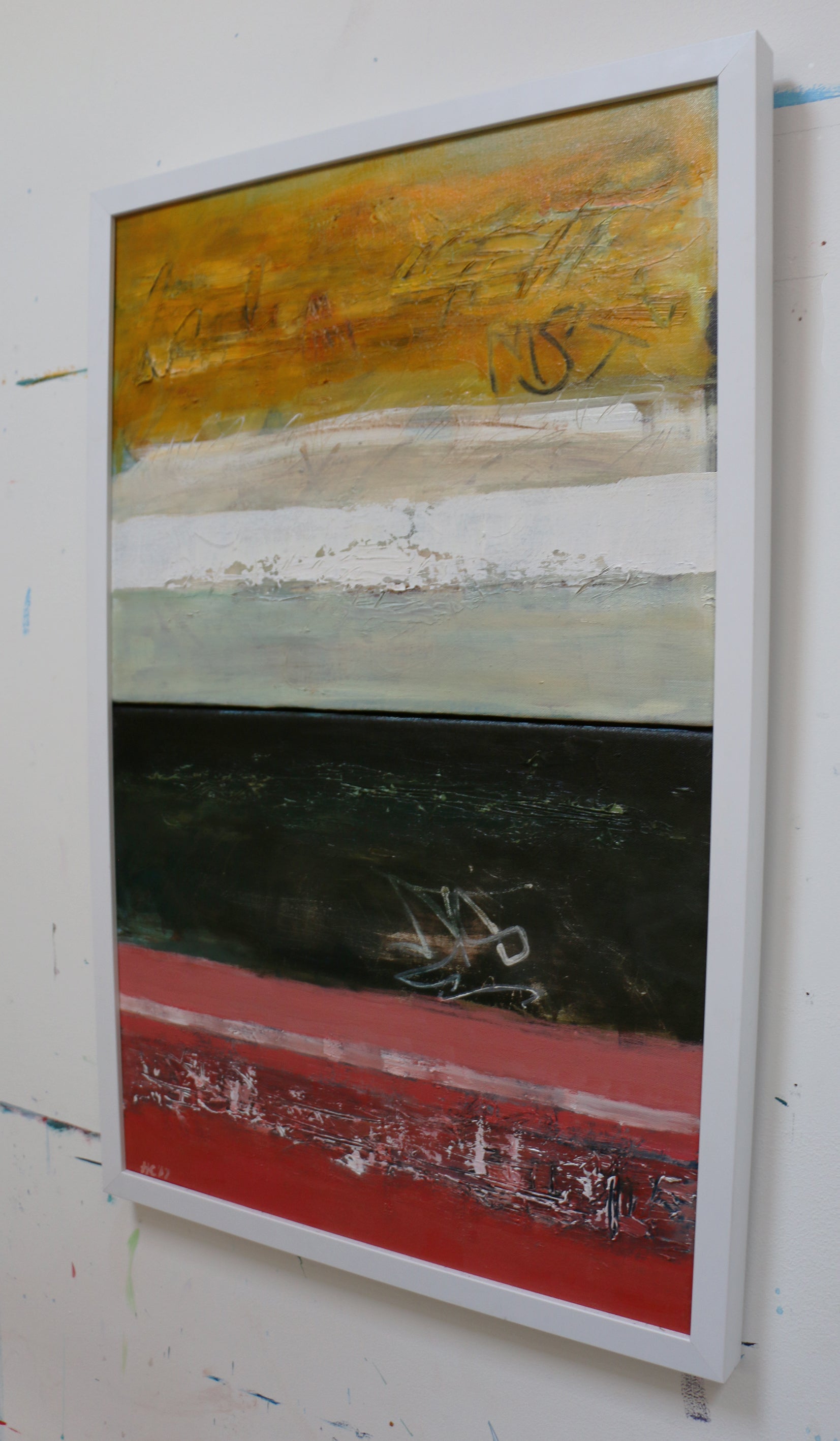 The painting "Street Diptych" seen from a right side angle that shows the depth of a frame.