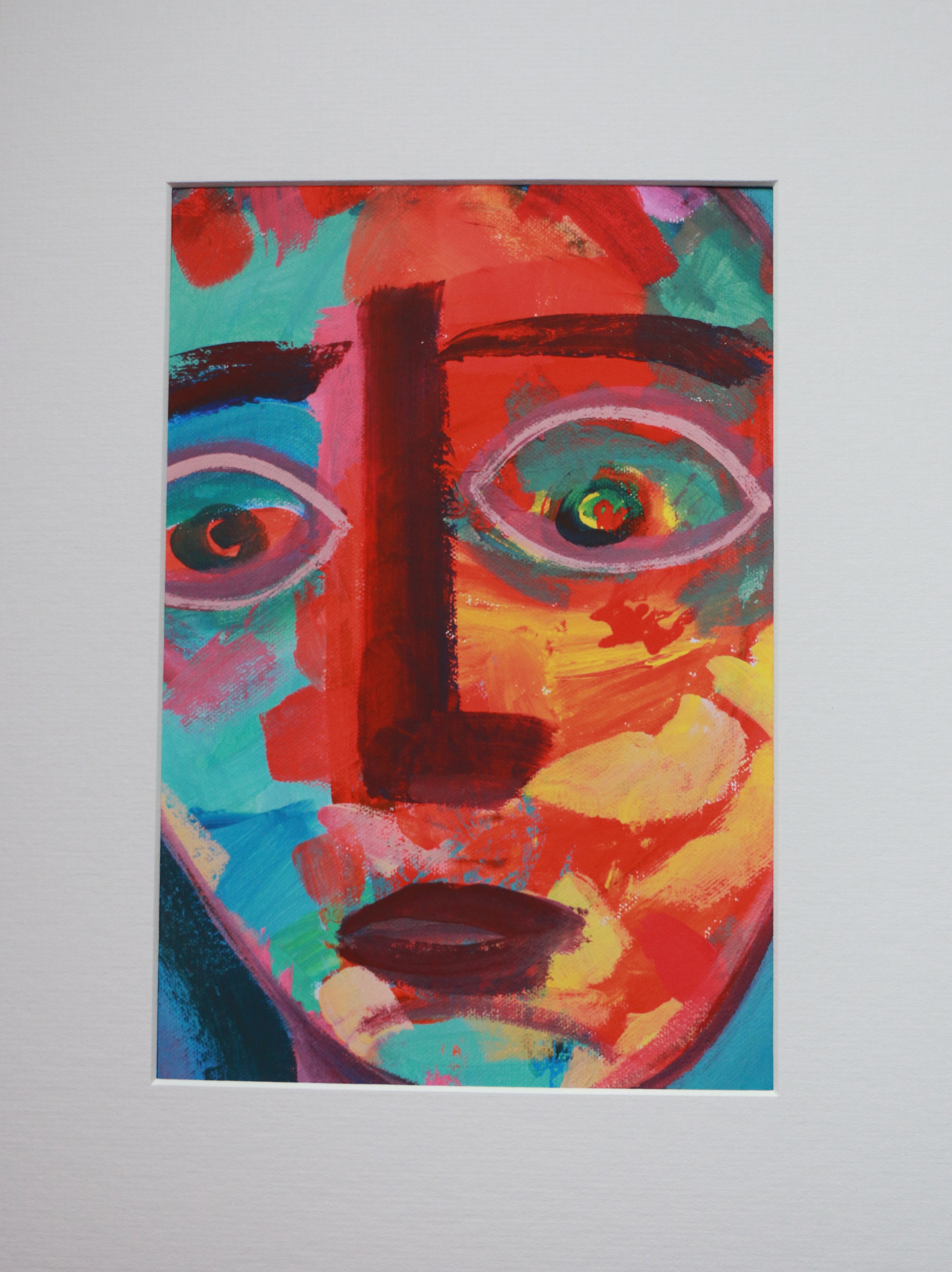 A painting of a colour face in close up.
